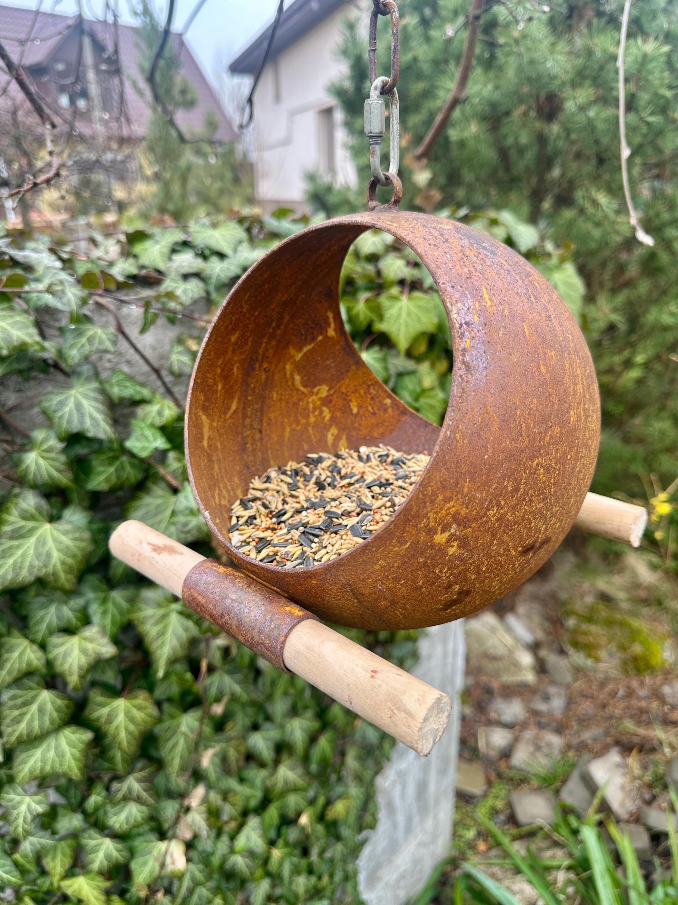 Rusty Bird Feeder, Modern Rusty Metal Bird Feeders, Bird Snack Bowl ...