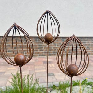 Rusty Finials Set of 3, Garden Stakes, Rustic Metal Ornaments, Outdoor Yard Decor, Metal Garden Accents, Weathered Sculpture Art