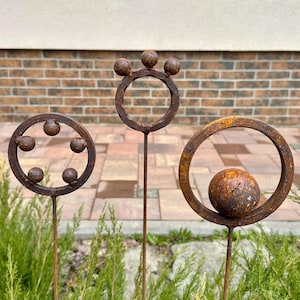 Set of 3 Rusty Metal Garden Stakes: Yard Art Corten Steel Finials