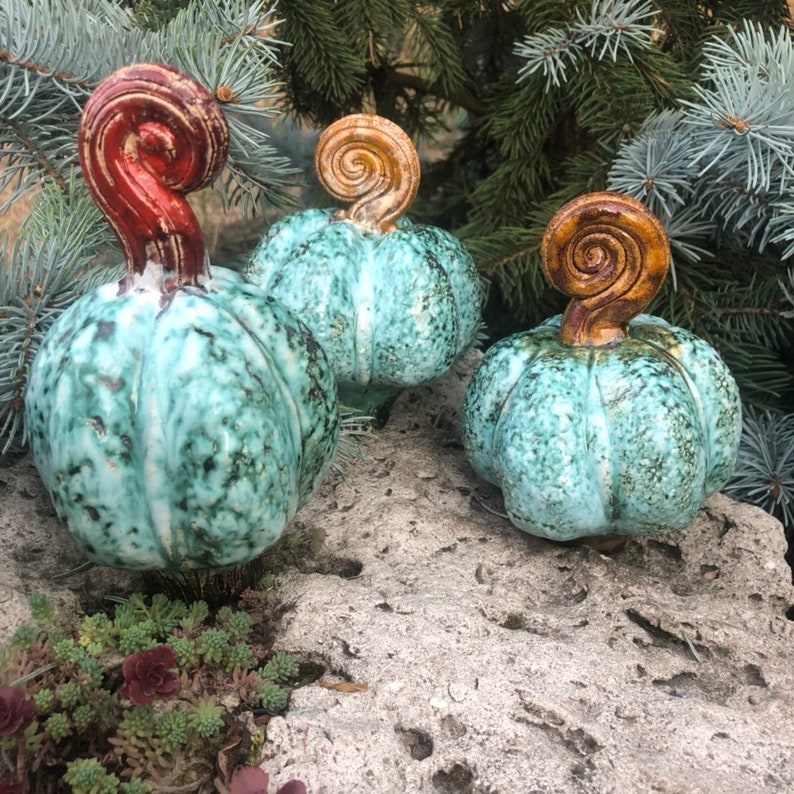 Set of 3 Ceramic Pumpkins Halloween Garden Stakes Halloween Etsy