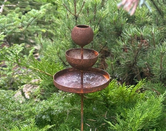 Rusty Metal Rain Catcher Garden Stake, Bee and Butterfly Water Station