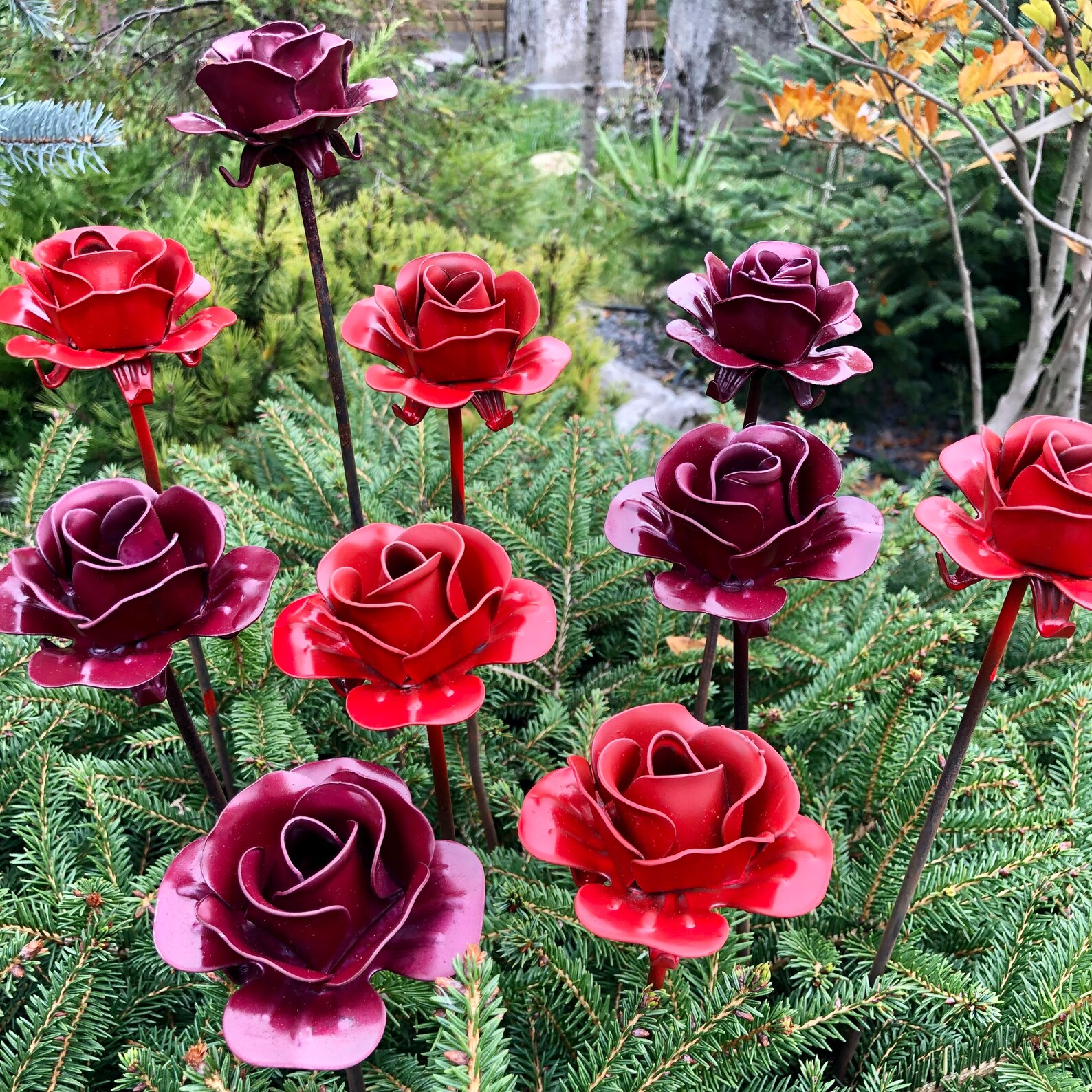 Metal Flowers Set of 10 10 Metal Flowers Garden Stakes Metal Etsy