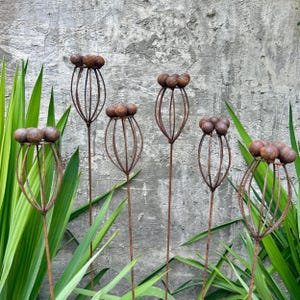 Rustic Metal Exotic Flowers Set of 6 Garden Sculptures Bee Butterfly Rain Catchers Handmade Outdoor Decor Yard Art Landscaping Gift