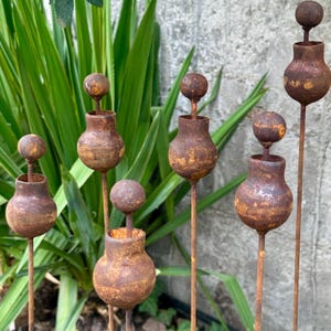 Rusty Metal Flowers Set of 6, Garden Decor, Handmade Outdoor Stakes, Rustic Yard Art, Landscaping Accents, Bee Butterfly Water Cups