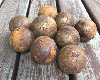 Set of 9 Rusty Metal Garden Spheres, Outdoor Decor, Yard Art