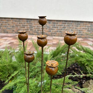 Rusty Metal Poppy Seed Garden Stakes - Set of 6