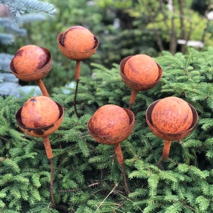 Rusty Metal Flower Garden Stakes, Handmade Cottage Yard Art, Set of 6