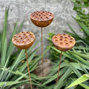 Rustic Metal Lotus Flowers Set of 3, Handmade Garden Sculptures, Rain Catchers for Bees and Butterflies, Outdoor Yard Art, Landscaping Gift