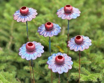 Set of 6 Blue Metal Flower Stakes Colorful Garden Yard Lawn Patio Plant Ornament