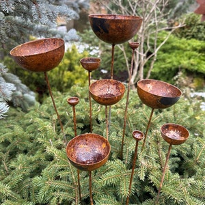 Rusty flowers set of 10, Metal Rain Catchers, Yard Art, Outdoor Decor, Rusty metal garden stakes, Bees & Butterfly feeder, Water station
