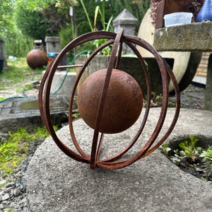 Rusty Metal Sphere, 12” Outdoor Garden Decor, Weathered Steel Ornament, Rustic Yard Art, Zen-Inspired Sculpture, Industrial Metal Accent