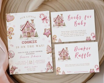 May include: A set of baby shower invitations and inserts with a pink gingerbread house theme. The main invitation reads "Our Little Cookie is on the Way!" with details for the event. Additional cards include "Books for Baby" and "Diaper Raffle."