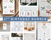 Airplane 1st Birthday Decor Bundle, Time Flies Birthday Digital Decor Bundle, Airplane Theme Boy Birthday Canva Decor Template Printable