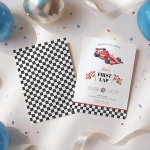 May include: Two racing-themed party invitations. One features a red race car and checkered flags, with the text "Jason's First Lap." The other is a black and white checkered pattern. Ribbons and balloons are in the background.