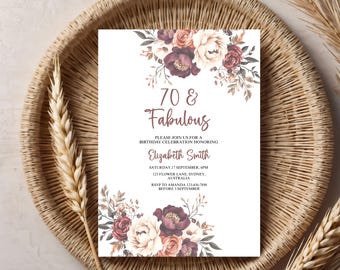 70th Birthday Invite Elegant Floral, 70 And Fab Invite For Woman Birthday, Canva Template, Editable Invite, Digital Custom Invite