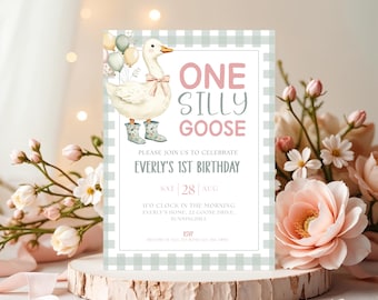May include: A birthday invitation featuring a whimsical illustration of a goose with balloons and rain boots. The text reads "ONE SILLY GOOSE" and announces Everly's 1st birthday on August 28th. The invitation has a light green gingham border.