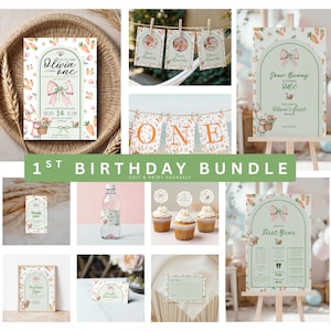 Whimsical Soft Green Bunny 1st Birthday Bundle – Editable Girl’s Garden Party Invite - Birthday Party Decor Bundle - Printable Decor