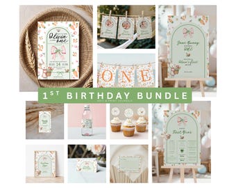 May include: A collection of bunny-themed first birthday party decorations. Includes invitations, banners, cupcake toppers, and signs with floral and carrot designs. The text "1st Birthday Bundle" is displayed.