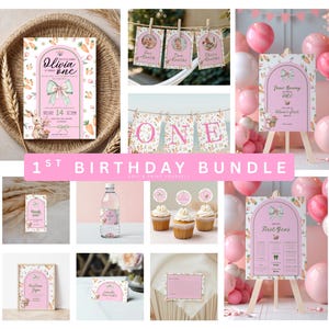 Soft Pink Bunny 1st Birthday Invitation – Editable Girl’s Garden Party Invite - Birthday Party Decor Bundle