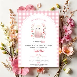 Little Boo Birthday Invitation: Pink Gingham Ghost Party (Digital Download, 5x7 in