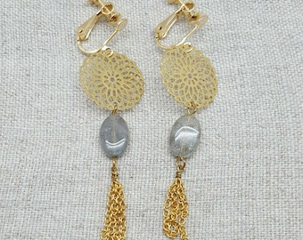 Arabesque earring with a colored stone, silver or gold, clip or pierced.