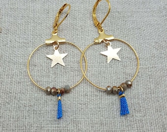 Earring ring star and pompom clip or pierced, silver or Gold Plated.