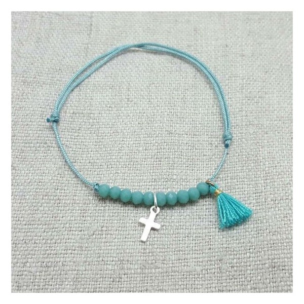 Bracelet religieux dizainier à perles et croix sur lacet