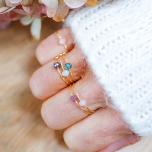 thin rings with faceted colored pearls, gold plated