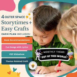 May include: A colorful graphic with a monthly theme of "Out of This World!" for 4 outer space storytimes and easy crafts. Each plan includes book recommendations, fun songs with lyrics, a PDF slideshow, and a theme-related craft.