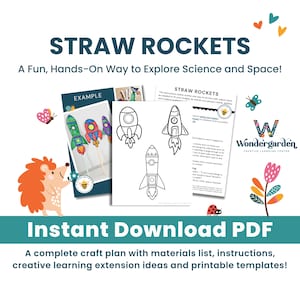May include: An instant download PDF craft kit titled STRAW ROCKETS featuring printable templates of rocket outlines, an example page with colored rocket illustrations, and instructional text. Includes a hedgehog graphic and floral elements.