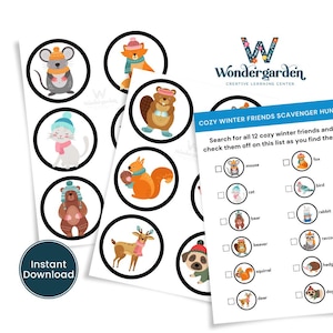 Op de afbeelding: Een printbaar winters dieren-speurtocht spel met een checklist van 12 dieren, waaronder een vos, een kat, een beer, een bever, een eekhoorn, een hert, een hond, een muis, een vogel, een konijn, een wasbeer en een egel. De dieren zijn geillustreerd in een cartoon stijl met wintermutsen en sjaals.