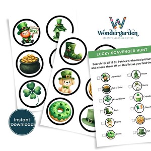 May include: A printable St. Patrick's Day scavenger hunt game with a checklist of 12 items to find, including a leprechaun, pot of gold, four-leaf clover, and a donut. The checklist is next to a set of 12 colourful illustrations of the items to find.