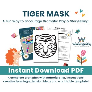 Puede incluir: Actividad de manualidades de máscara de tigre imprimible para niños. El PDF imprimible incluye instrucciones, lista de materiales e ideas de extensión para el aprendizaje creativo. La imagen muestra una plantilla de máscara de tigre en blanco y negro, un ejemplo de artesanía colorido y un logotipo de Wondergarden.