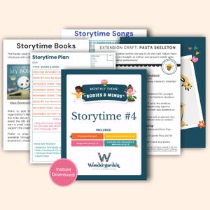 Puede incluir: Un paquete imprimible colorido para la hora del cuento con un tema mensual de "Cuerpos y mentes". El paquete incluye un plan de la hora del cuento, canciones con letras, ideas de manualidades con instrucciones y lista de materiales, y una idea de manualidad de extensión para un esqueleto de pasta.