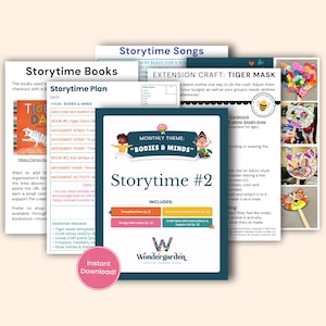 May include: A printable pack for a storytime activity about bodies and minds. The pack includes a storytime plan, songs with lyrics, book recommendations, craft instructions, and a supply list. The cover features a colorful illustration of a tiger mask.