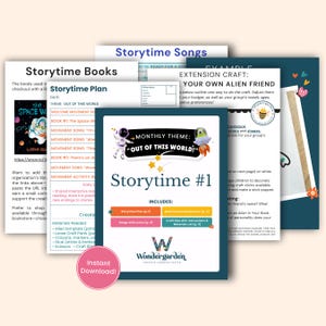 Può includere: Un pacchetto stampabile colorato per un'attività di ora della storia sullo spazio. Il pacchetto include un piano di ora della storia, canzoni con testi, idee di artigianato con istruzioni e elenco dei materiali, e un'idea di artigianato di estensione per creare il tuo amico alieno.