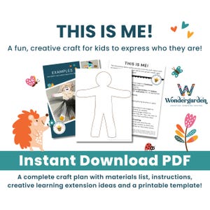 Könnte beinhalten: Druckbare Bastelaktivität für Kinder namens "This is Me!" mit einer Körperumrissvorlage, Anweisungen und Beispielen für fertige Bastelarbeiten. Die Aktivität soll Kindern helfen, sich kreativ auszudrücken.