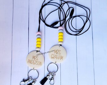 Personalized Teacher Lanyard, Beaded Lanyard, Badge Lanyard, Pencil Lanyard, Leopard Lanyard, Monogram Lanyard, Wooden Lanyard ,with tassel