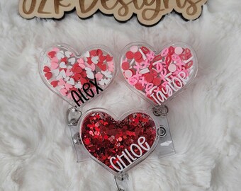 Heart Badge Reel, Glitter Heart Badge Reel, Glitter Shaker Badge Reel, Valentine's Day Badge Reel, Personalized Badge Reel, Name Badge Reel