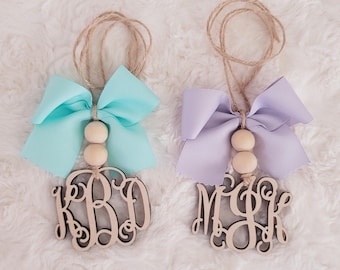 Rearview Mirror Charm, Car Monogram, Rearview Mirror Charm with bow, Wooden Car Mirror Charm, Rearview Monogram, Beaded Car Mirror Charm