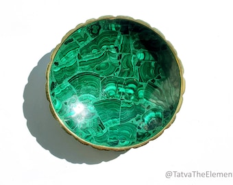 Malachite Round Plate/Dish with Brass Border - Jewelry Holder - Green - 3.5 inches diameter