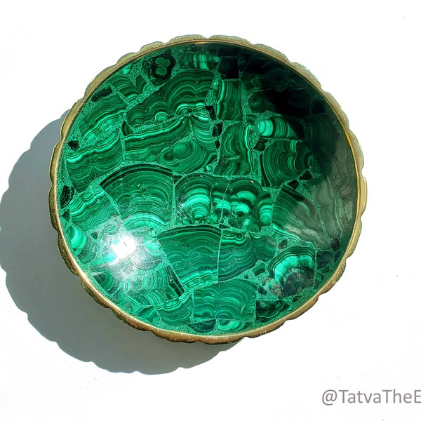 Malachite Round Plate/Dish with Brass Border - Jewelry Holder - Green - 3.5 inches diameter