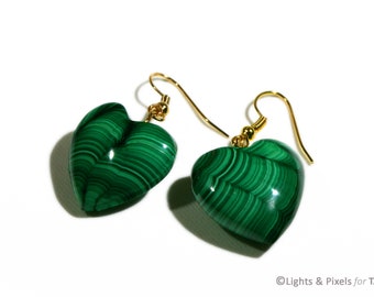 Boucles d'oreilles pendantes en forme de coeur en malachite : Bijoux en pierres précieuses vertes naturelles - Boucle d'oreille en pierres précieuses