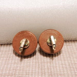 Vintage Round Wood and White Plastic Clip On Earrings image 2
