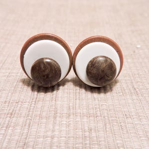 Vintage Round Wood and White Plastic Clip On Earrings image 1