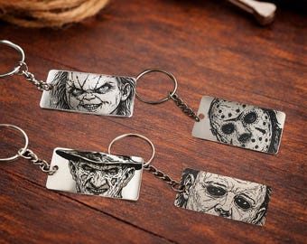 Personalisierte Horror / Slasher Icon Schlüsselbund 4er Set;  Freddy, Jason, Michael und Chucky