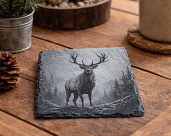 Set of 4 Engraved Elk Slate Coasters, Rustic Cabin Decor