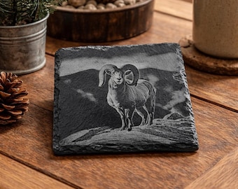 Set of 4 Bighorn Sheep Slate Coasters, Engraved Mountain Wildlife, Rustic Stone Drink Coasters