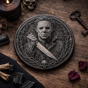 May include: A circular, grey relief sculpture of a man holding a knife, framed by a decorative border with skulls. The sculpture is on a wooden surface with a candle, key, and other decorative items.