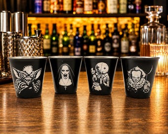 Horror Movie Shot Glasses, Engraved Stainless Steel 2 oz Shot Glasses, Barware, Horror Fan Gifts